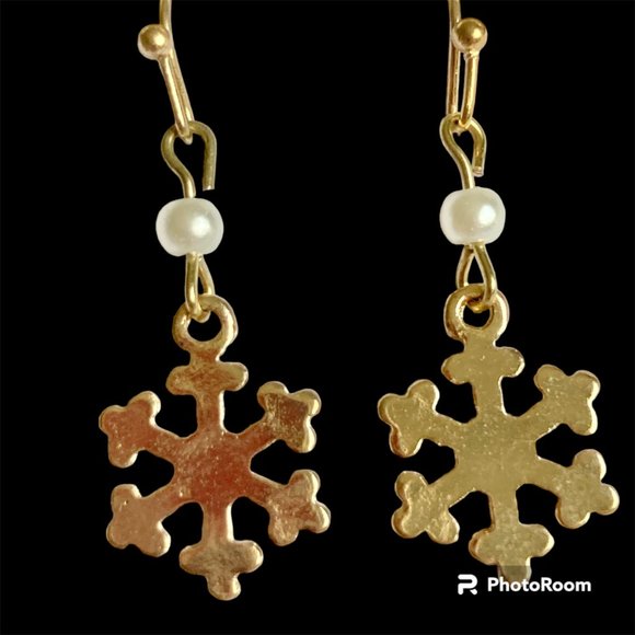 Snowflake Earrings Gold Plated Pearl White Glass Beads Christmas Winter Snow - Picture 3 of 12